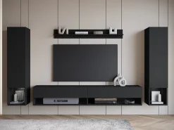 Móvel De Tv* Móvel de sala moderno – conjunto suspenso com 2 colunas + móvel de TV 180 cm + prateleira, mate Preto