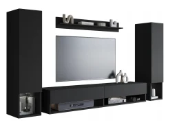 Móvel De Tv* Móvel de sala moderno – conjunto suspenso com 2 colunas + móvel de TV 180 cm + prateleira, mate Preto