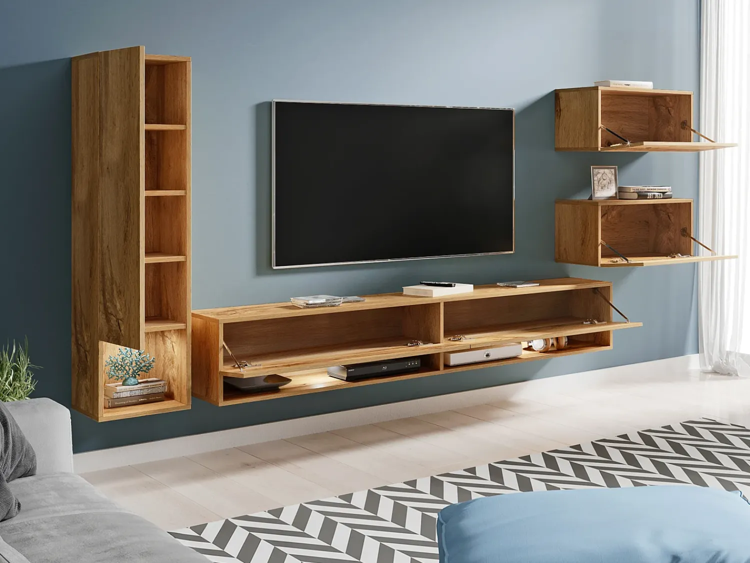 Móvel de sala moderno 4 peças com LED – conjunto suspenso TV 180 cm, com coluna e módulos, carvalho Wotan^ Móvel De Tv