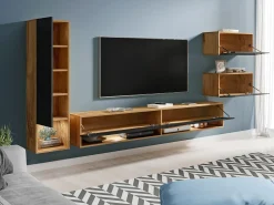 Móvel De Tv| Móvel de sala moderno 4 peças – conjunto TV suspenso 180 cm, coluna e 2 armários, corpo wotan, frentes preto brilho Natural escuro
