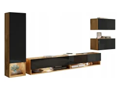Móvel De Tv| Móvel de sala moderno 4 peças – conjunto TV suspenso 180 cm, coluna e 2 armários, corpo wotan, frentes preto brilho Natural escuro
