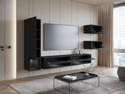 Móvel De Tv| Móvel de sala moderno 4 peças com LED – conjunto suspenso TV 180 cm, com coluna e módulos, mate Preto