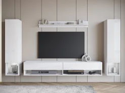 Móvel De Tv* Móvel de sala moderno com LED – conjunto suspenso para sala 2 colunas + móvel de TV 180 cm + prateleira, corpo mate, frentes brilho Branco