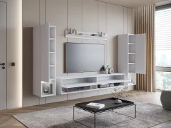 Móvel De Tv* Móvel de sala moderno com LED – conjunto suspenso para sala 2 colunas + móvel de TV 180 cm + prateleira, corpo mate, frentes brilho Branco