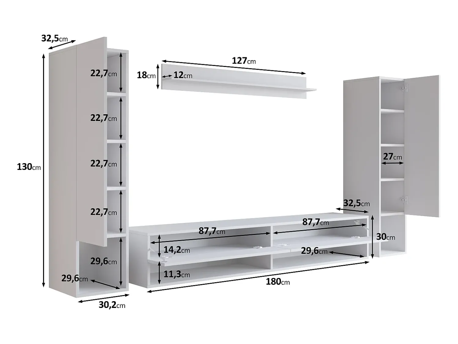 Móvel de sala moderno com LED – conjunto suspenso para sala 2 colunas + móvel de TV 180 cm + prateleira, carvalho wotan^ Móvel De Tv