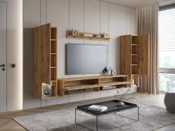 Móvel de sala moderno com LED – conjunto suspenso para sala 2 colunas + móvel de TV 180 cm + prateleira, carvalho wotan^ Móvel De Tv