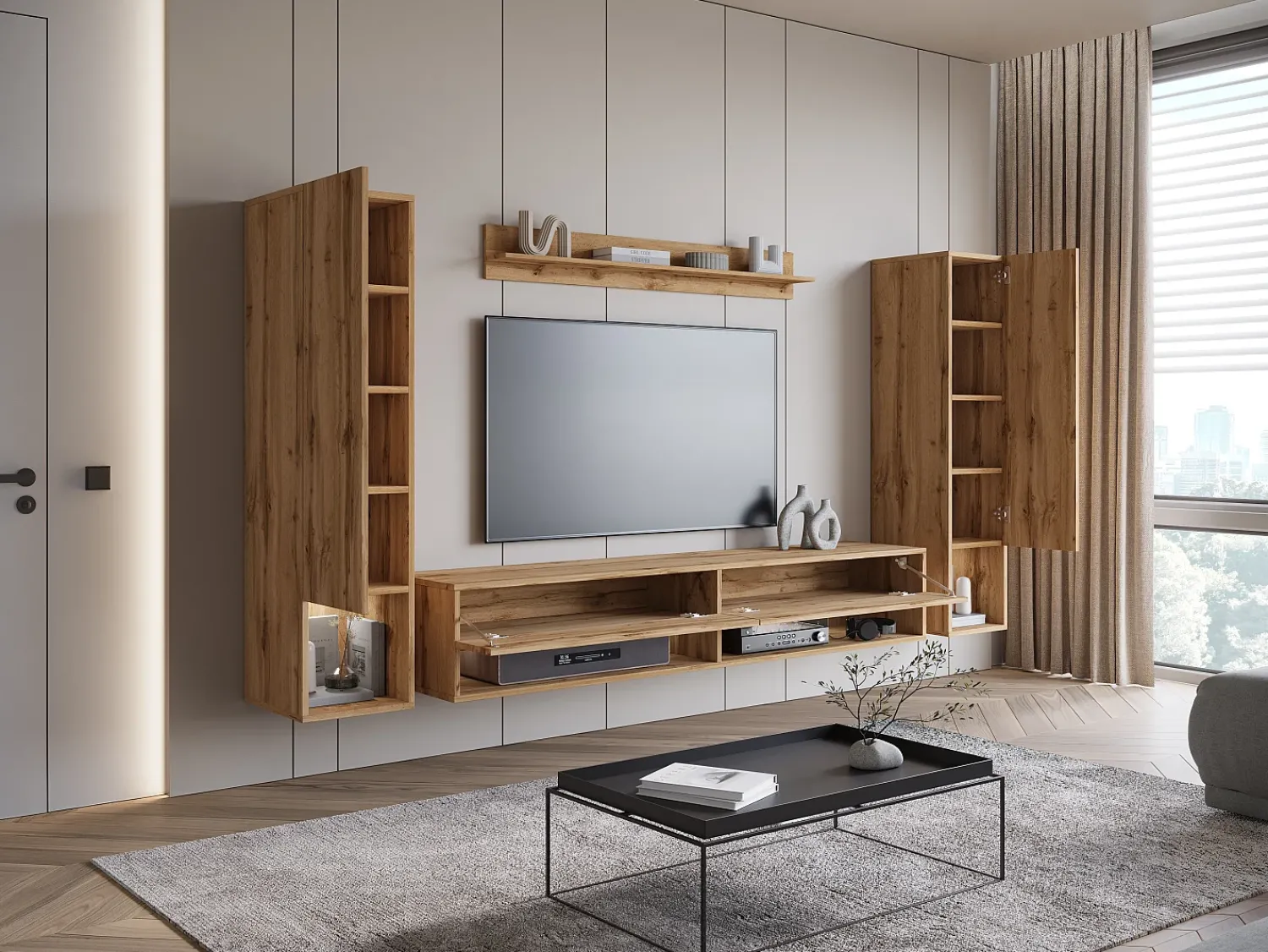 Móvel de sala moderno com LED – conjunto suspenso para sala 2 colunas + móvel de TV 180 cm + prateleira, carvalho wotan^ Móvel De Tv