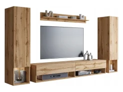 Móvel de sala moderno com LED – conjunto suspenso para sala 2 colunas + móvel de TV 180 cm + prateleira, carvalho wotan^ Móvel De Tv