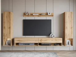 Móvel de sala moderno com LED – conjunto suspenso para sala 2 colunas + móvel de TV 180 cm + prateleira, carvalho wotan^ Móvel De Tv