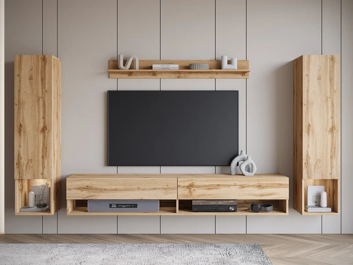 Móvel de sala moderno com LED – conjunto suspenso para sala 2 colunas + móvel de TV 180 cm + prateleira, carvalho wotan^ Móvel De Tv