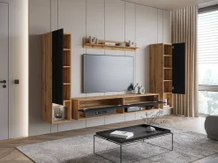 Móvel De Tv* Móvel de sala moderno com LED – conjunto suspenso para sala 2 colunas + móvel de TV 180 cm + prateleira, corpo carvalho wotan, frentes preto brilho Natural escuro