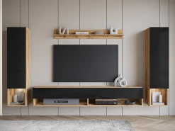Móvel De Tv* Móvel de sala moderno com LED – conjunto suspenso para sala 2 colunas + móvel de TV 180 cm + prateleira, corpo carvalho wotan, frentes preto brilho Natural escuro