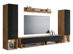 Móvel De Tv* Móvel de sala moderno com LED – conjunto suspenso para sala 2 colunas + móvel de TV 180 cm + prateleira, corpo carvalho wotan, frentes preto brilho Natural escuro