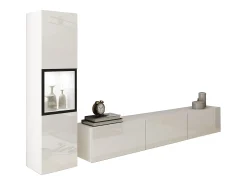 Hot Móvel de sala moderno com iluminação, conjunto suspenso e de chão de 2 elementos com móvel de TV de 180 cm e vitrina, corpo mate, frentes brilho Branco