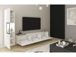 Hot Móvel de sala moderno com iluminação, conjunto suspenso e de chão de 2 elementos com móvel de TV de 180 cm e vitrina, corpo mate, frentes brilho Branco