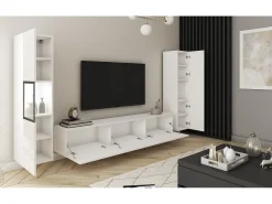 Móvel de sala moderno com iluminação LED, conjunto suspenso e de chão 3 elementos com móvel TV 180 cm, vitrine e coluna, corpo mate, frentes brilho^ Móvel De Tv