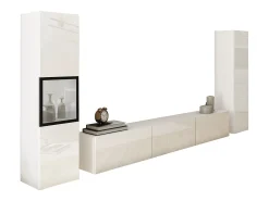 Móvel de sala moderno com iluminação LED, conjunto suspenso e de chão 3 elementos com móvel TV 180 cm, vitrine e coluna, corpo mate, frentes brilho^ Móvel De Tv