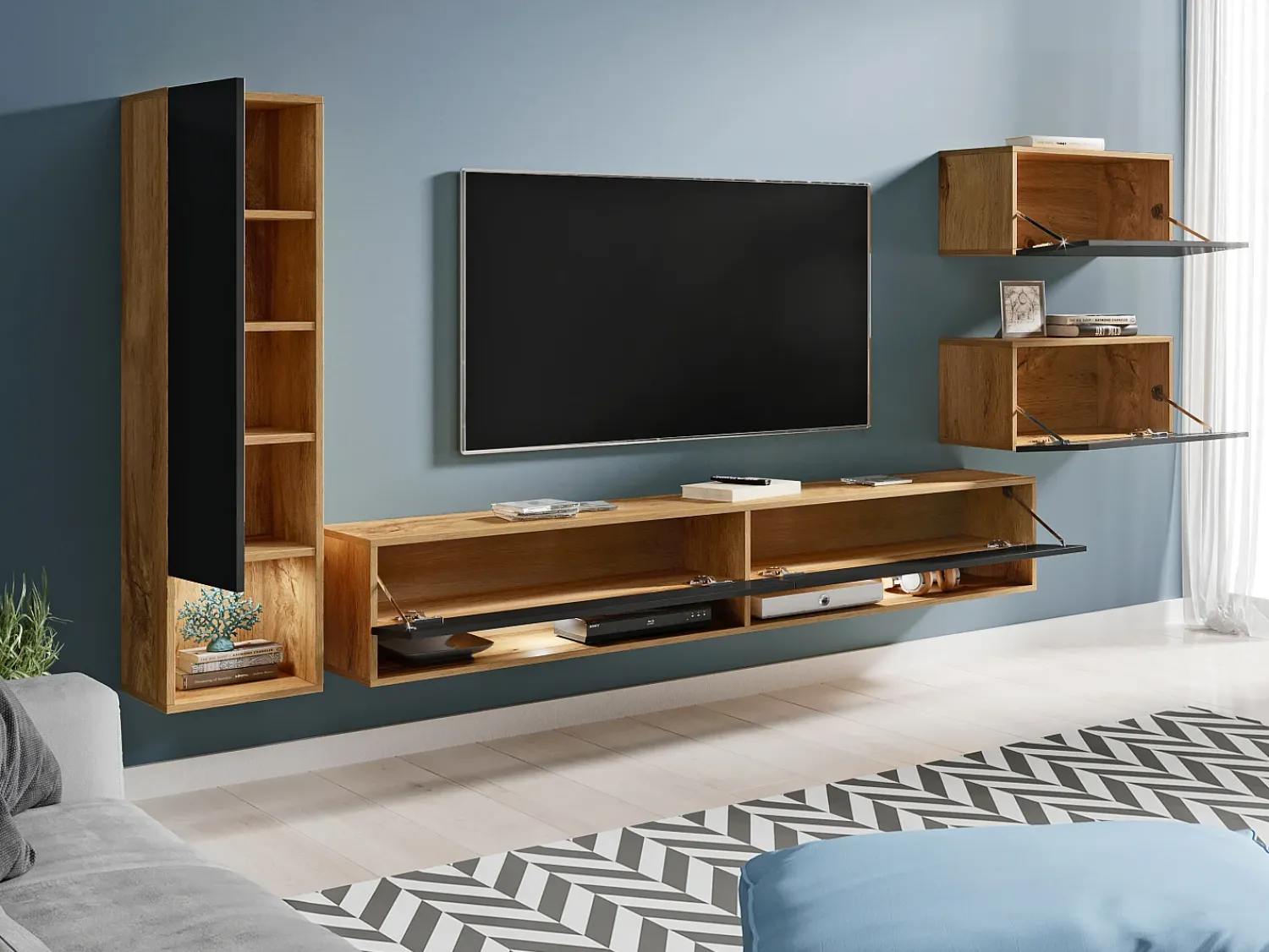 Clearance Móvel de sala moderno com LED 4 peças – conjunto suspenso TV 180 cm, coluna, 2 módulos, corpo carvalho Wotan, frentes preto brilho Natural escuro