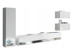 Móvel De Tv| Móvel de sala moderno com LED 4 peças – conjunto suspenso TV 180 cm, coluna, 2 módulos, corpo mate, frentes brilho Branco