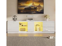 Móvel De Tv*Merax Móvel de TV - 160 x 40 x 52 cm - com LEDs + 1 porta + 2 gavetas - MDF + vidro temperado - Branco
