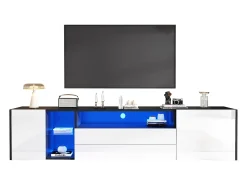 Online Merax Móvel de TV - 180 x 40 x 45 cm - com LEDs + 2 gavetas + 2 portas - para TV de 75 polegadas - Aglomerado + vidro temperado - Preto