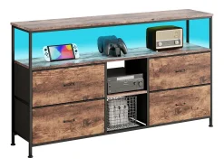 Móvel de TV 137 cm – 4 gavetas em pele de tigre, iluminação LED ajustável, nogueira^ Móvel De Tv