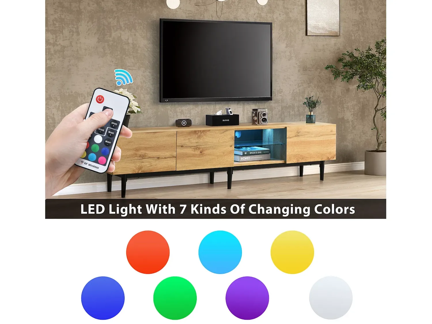 Móvel De Tv*Merax Móvel de TV 175 cm - 3 portas e prateleira de vidro - LEDs - Madeira MDF - cor natural Natural claro