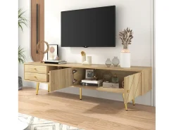 Móvel De Tv* Móvel de TV 160 cm com pés dourados - Móvel de TV moderno com 2 gavetas e 2 portas - Cor madeira Natural claro