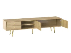 Móvel De Tv* Móvel de TV 160 cm com pés dourados - Móvel de TV moderno com 2 gavetas e 2 portas - Cor madeira Natural claro