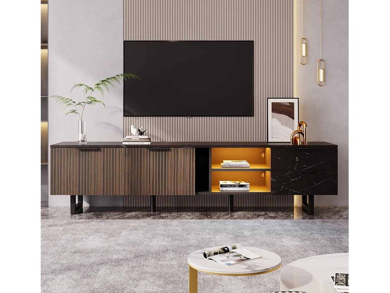 Móvel De Tv| Móvel de TV 200 x 38 x 50 cm, portas em madeira escura, LED ajustável, 2 portas e 2 gavetas Preto