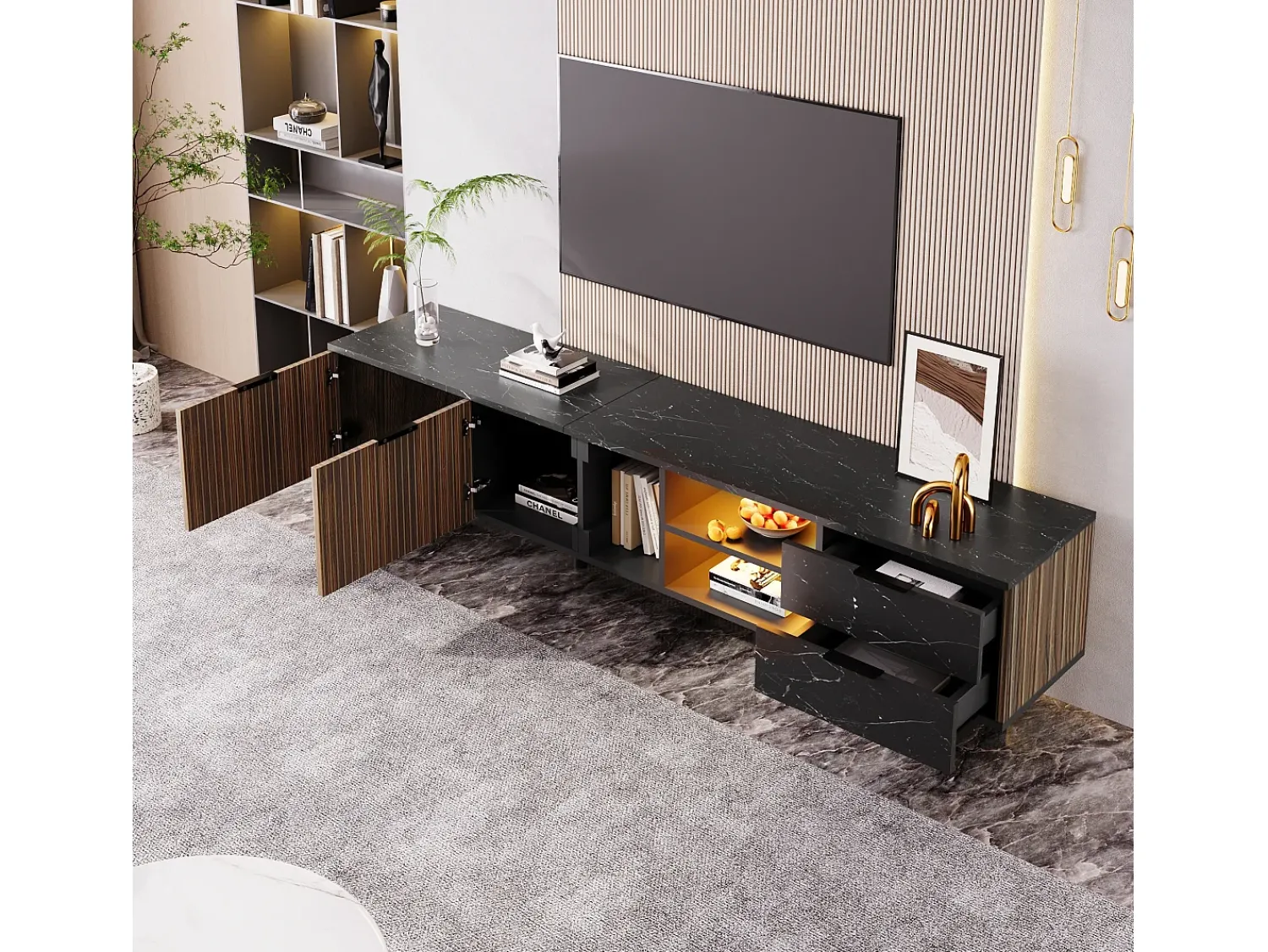 Móvel De Tv| Móvel de TV 200 x 38 x 50 cm, portas em madeira escura, LED ajustável, 2 portas e 2 gavetas Preto
