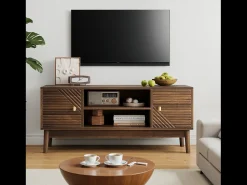 Hot Móvel de TV baixo, 110 x 40 x 48 cm, com portas listradas gravadas e compartimentos de arrumação, em nogueira. Natural escuro