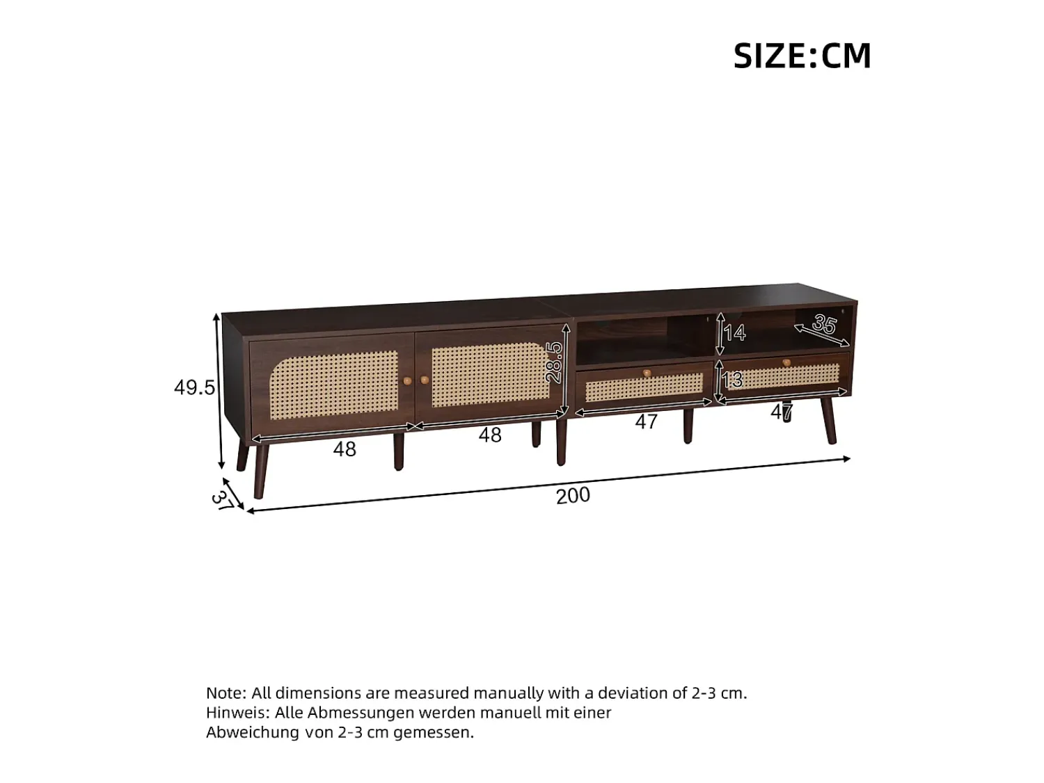 Móvel De Tv| Móvel de TV baixo com 2 portas de rattan, 2 gavetas, compartimentos de arrumação abertos, 200 cm, castanho Natural escuro