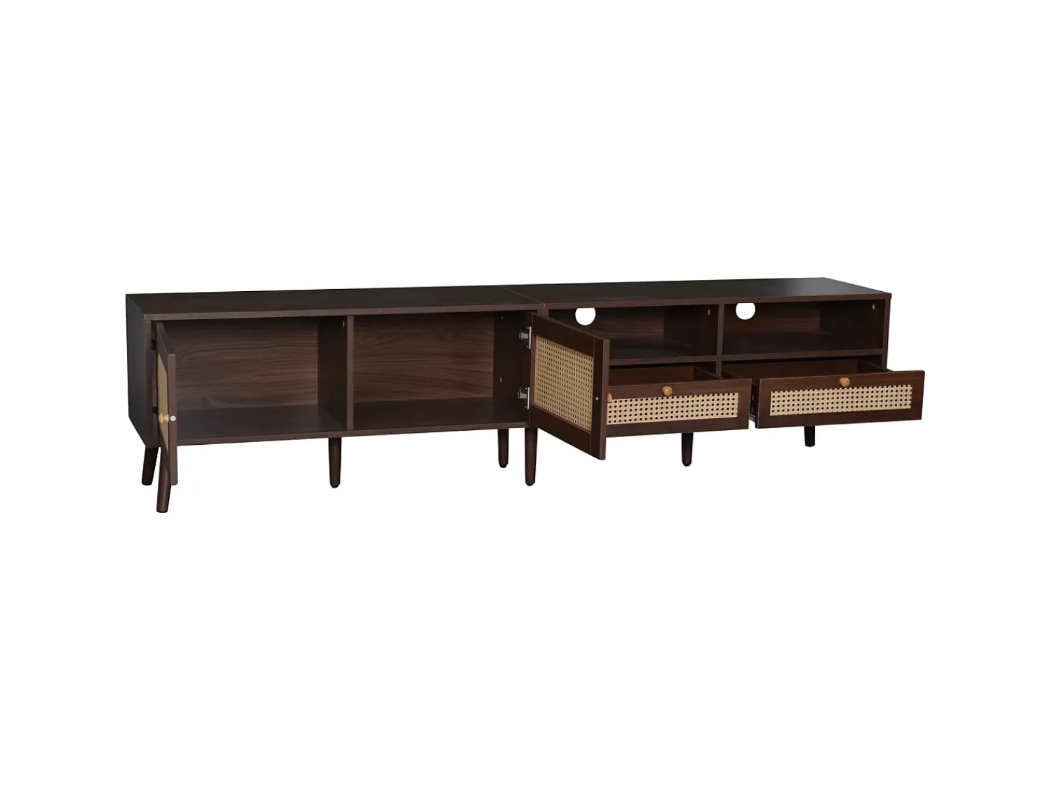 Móvel De Tv| Móvel de TV baixo com 2 portas de rattan, 2 gavetas, compartimentos de arrumação abertos, 200 cm, castanho Natural escuro