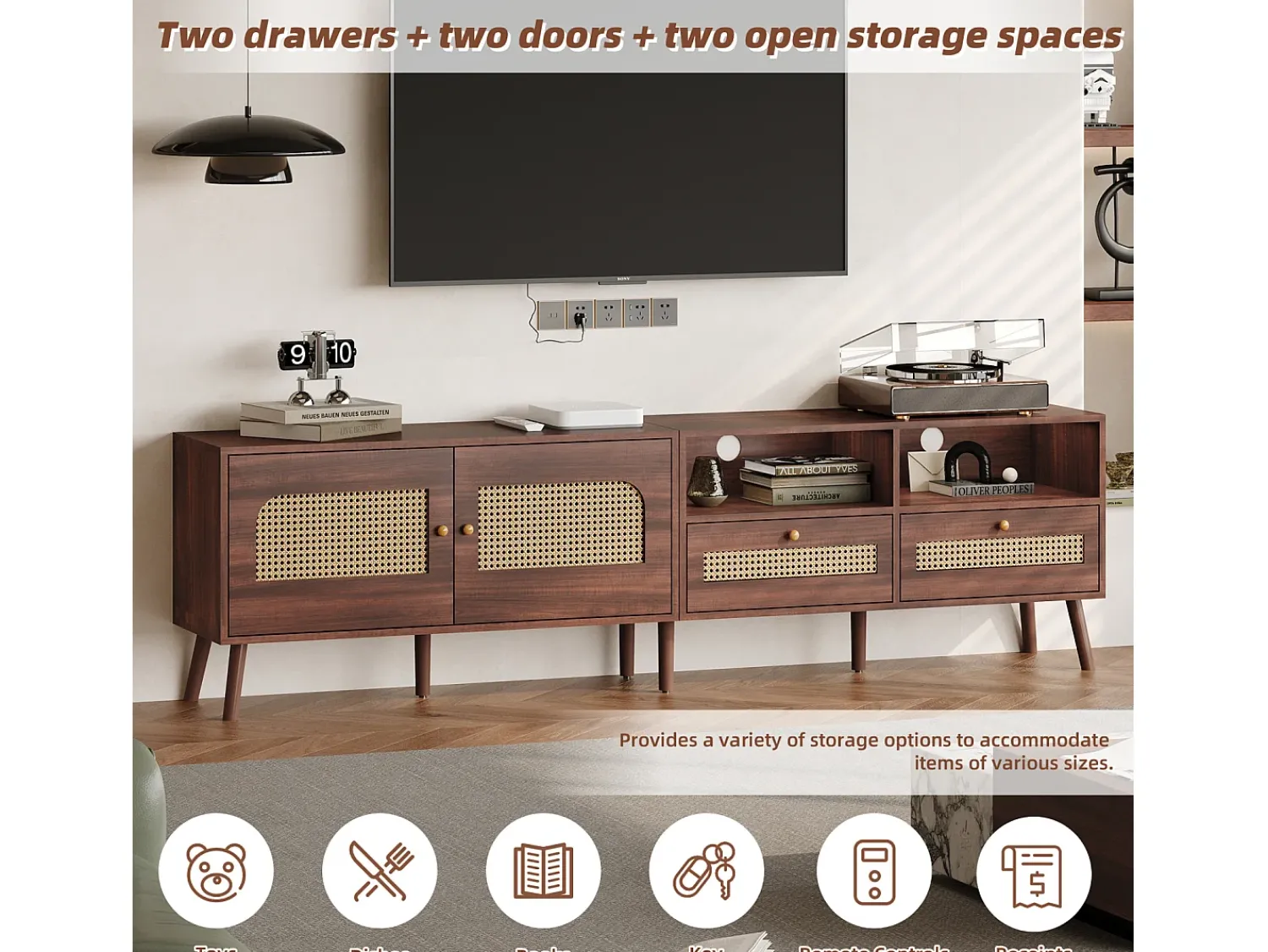 Móvel De Tv| Móvel de TV baixo com 2 portas de rattan, 2 gavetas, compartimentos de arrumação abertos, 200 cm, castanho Natural escuro