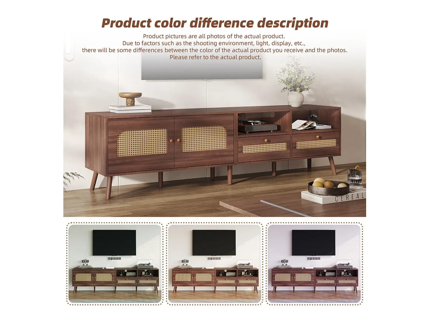 Móvel De Tv| Móvel de TV baixo com 2 portas de rattan, 2 gavetas, compartimentos de arrumação abertos, 200 cm, castanho Natural escuro