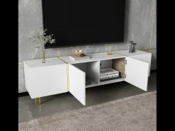 Móvel de TV baixo com 4 portas, Móvel de TV com armazenamento, Superfície de alto brilho, Pés dourados,^ Móvel De Tv