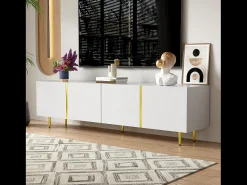 Móvel de TV baixo com 4 portas, Móvel de TV com armazenamento, Superfície de alto brilho, Pés dourados,^ Móvel De Tv