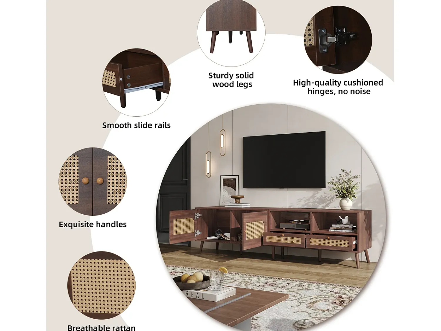 Móvel de TV baixo com 2 portas de rattan, 2 gavetas, compartimentos de arrumação abertos, 200 cm, castanho^ Móvel De Tv