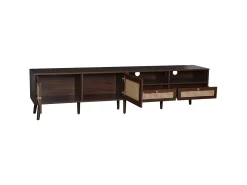 Móvel de TV baixo com 2 portas de rattan, 2 gavetas, compartimentos de arrumação abertos, 200 cm, castanho^ Móvel De Tv