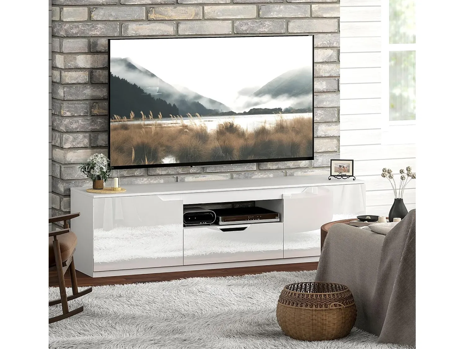 Móvel De Tv| Móvel de TV baixo com 2 portas, gaveta, 160 cm de comprimento, Branco