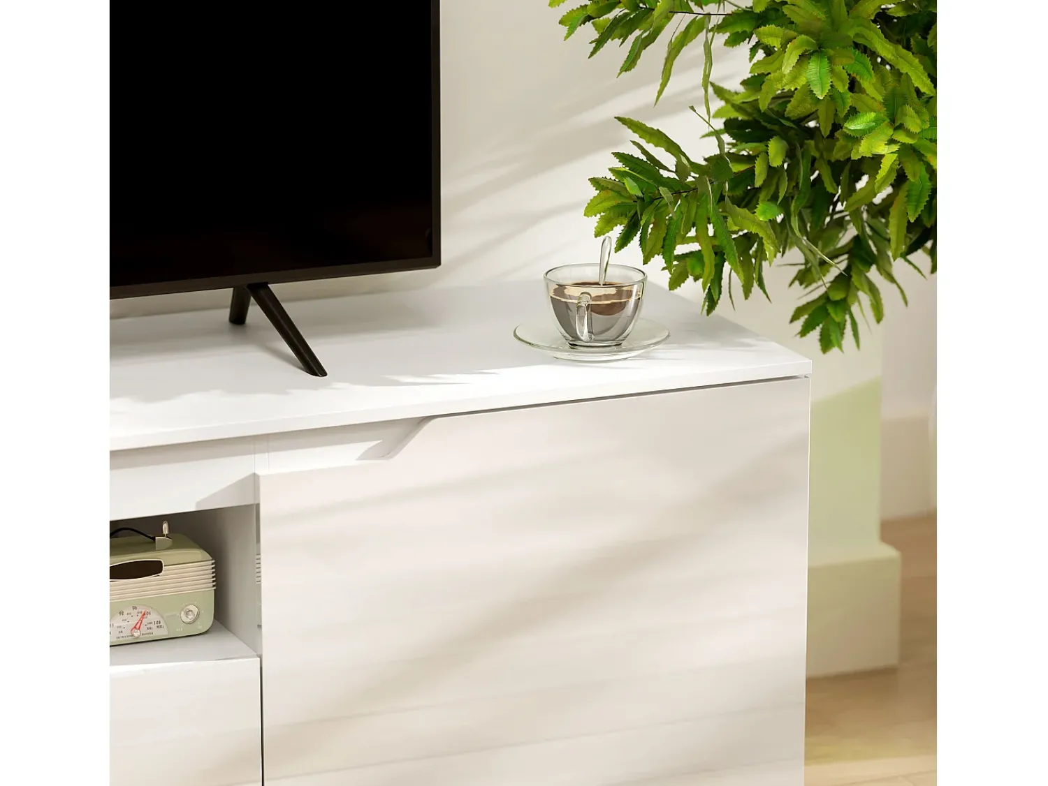 Móvel De Tv| Móvel de TV baixo com 2 portas, gaveta, 160 cm de comprimento, Branco