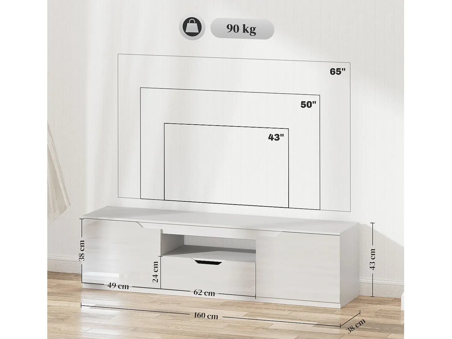 Móvel De Tv| Móvel de TV baixo com 2 portas, gaveta, 160 cm de comprimento, Branco