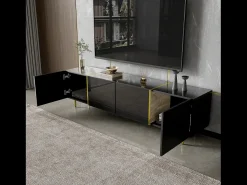 Móvel de TV baixo com 4 portas, móvel de TV com armazenamento, superfície de alto brilho, pés dourados,^ Móvel De Tv