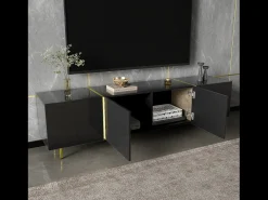 Móvel de TV baixo com 4 portas, móvel de TV com armazenamento, superfície de alto brilho, pés dourados,^ Móvel De Tv