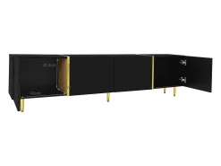 Móvel de TV baixo com 4 portas, móvel de TV com armazenamento, superfície de alto brilho, pés dourados,^ Móvel De Tv