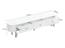 Móvel De Tv* Móvel de TV baixo com gavetas, puxadores e pés dourados, cantos arredondados, 174 x 35 x 41 cm, Branco