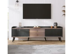 Móvel De Tv| Móvel de TV baixo com gavetas, Móvel de TV moderno com duas portas de correr, cor preta e madeira Preto
