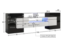 Móvel De Tv| Móvel de TV baixo com iluminação LED, cômoda com bastante espaço de armazenamento, e branco Preto