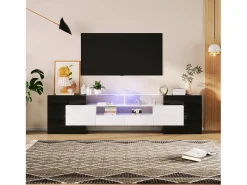 Móvel De Tv| Móvel de TV baixo com iluminação LED, cômoda com bastante espaço de armazenamento, e branco Preto